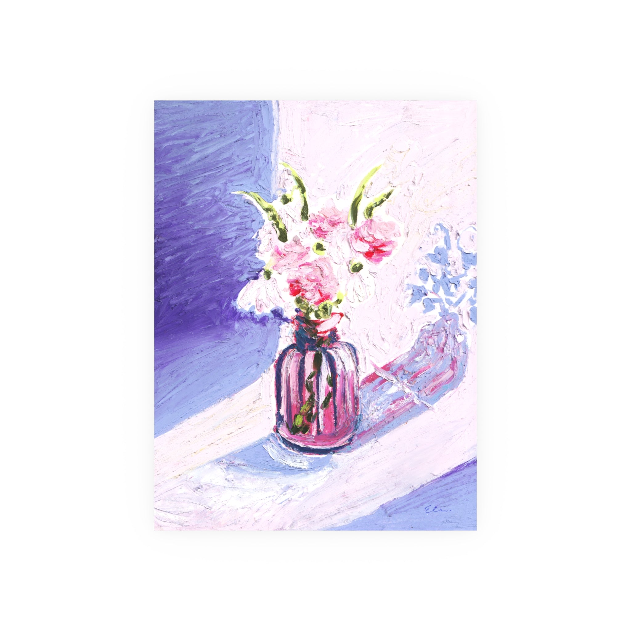 Oil Pastel Purple Carnations & Snow Drops – Floral Still Life Art Print