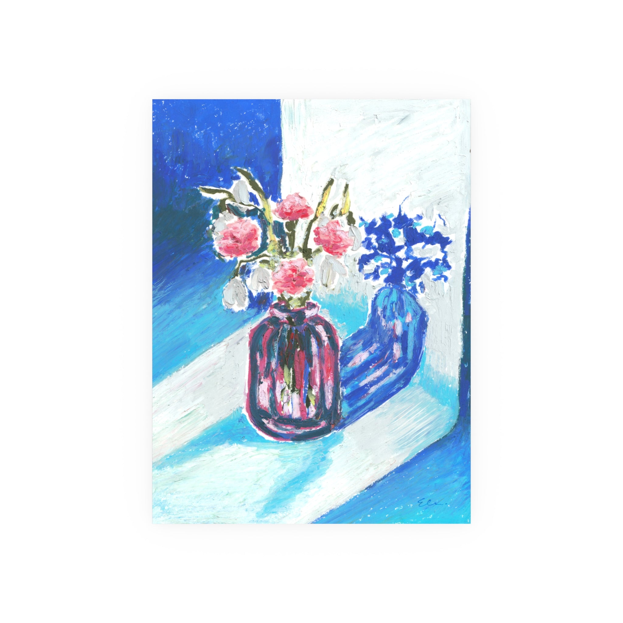 Oil Pastel Carnation & Snowdrops – Floral Still Life Art Print
