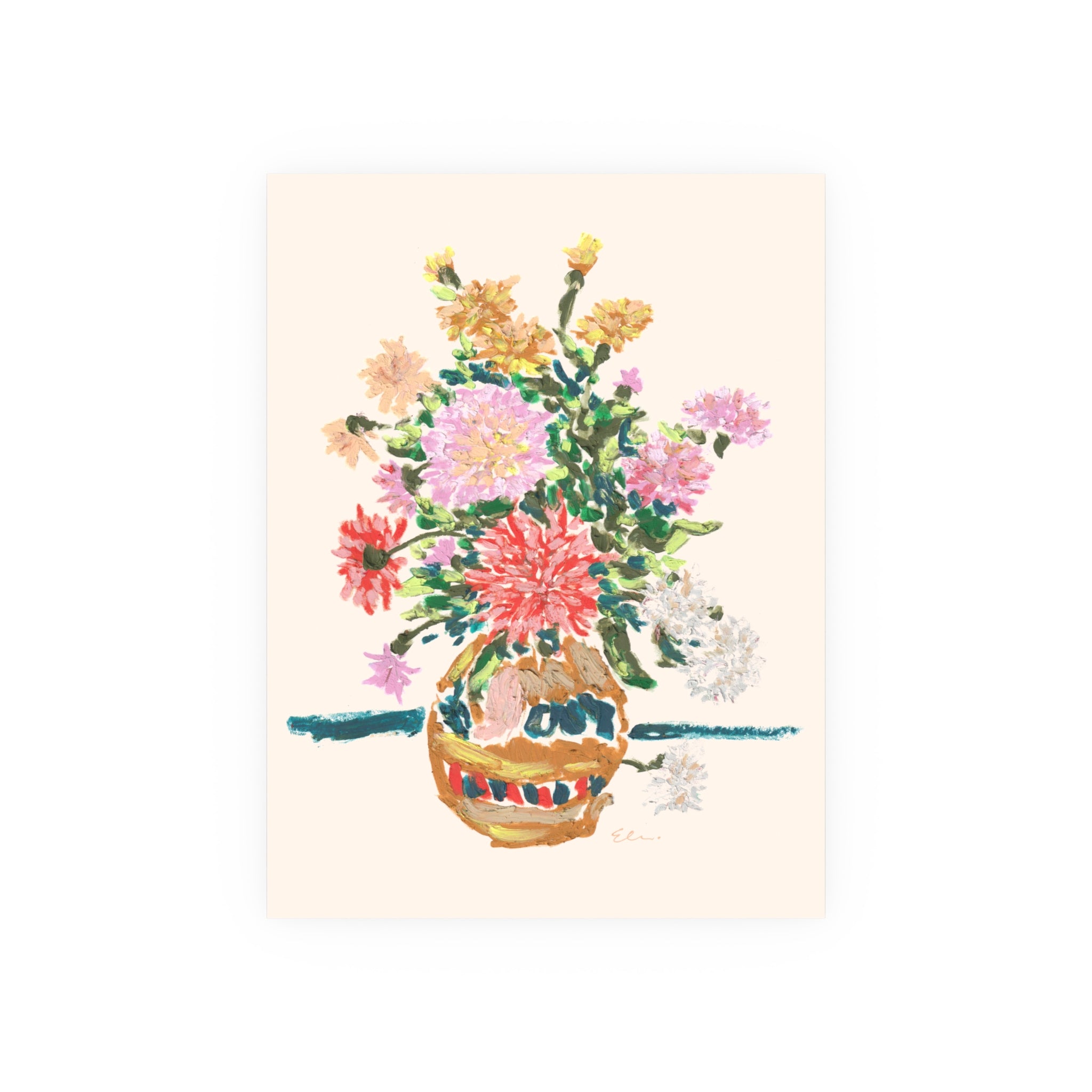 Oil Pastel Dahlia Vase – Floral Still Life Art Print