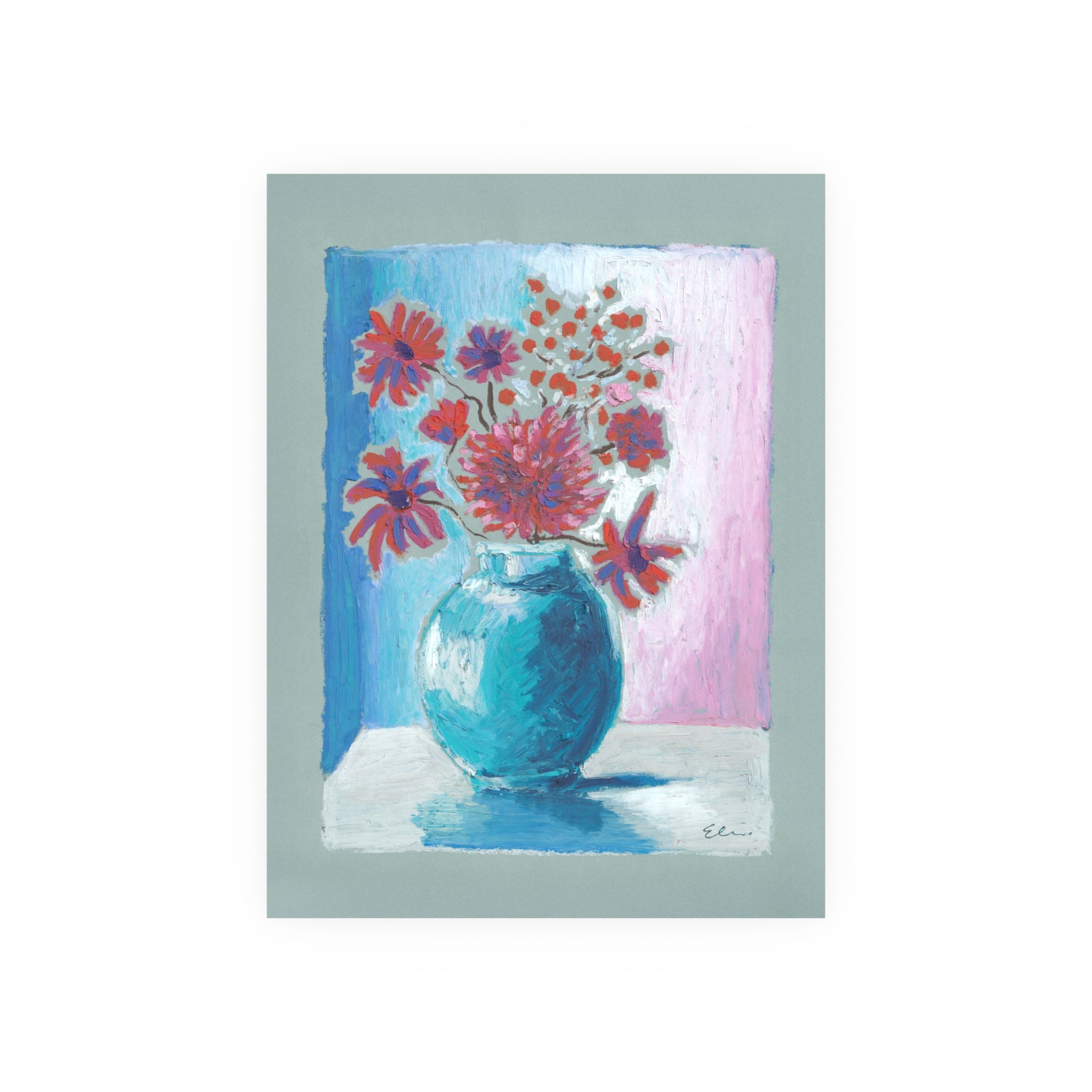 Oil Pastel Red Bouquet in Blue Vase – Floral Still Life Art Print