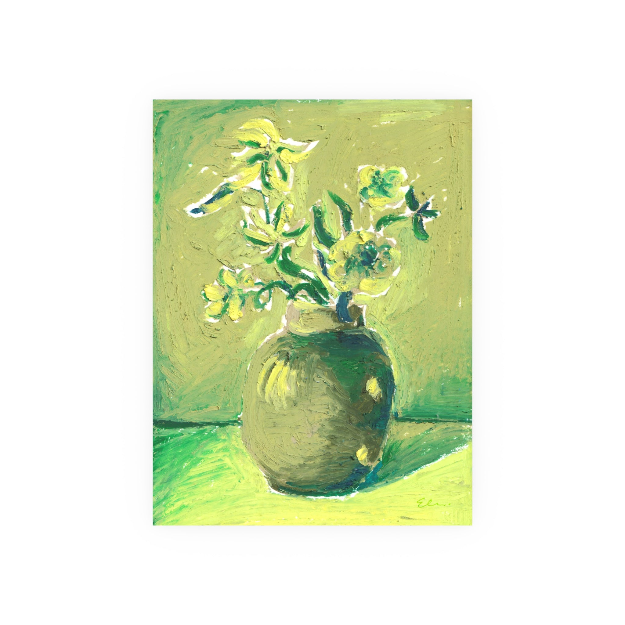 Oil Pastel Green Monochrome – Floral Still Life Art Print
