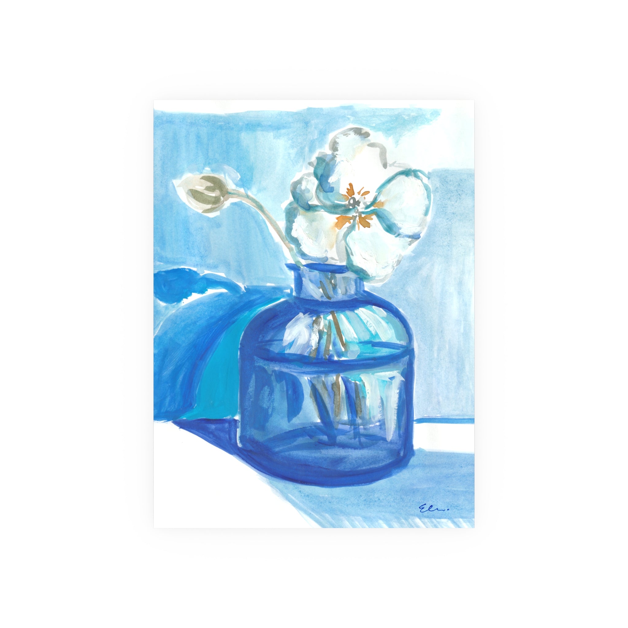 Gouache Blue Magnolia - Floral Still Life Original Artwork (Matted to 11×14)