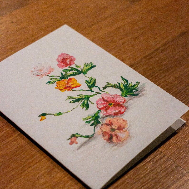 Greeting Card - Pink and Orange Flowers - Oil Pastel Art Print - Blank Inside (A2)
