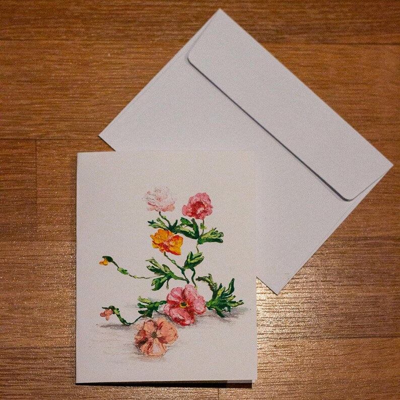 Greeting Card - Pink and Orange Flowers - Oil Pastel Art Print - Blank Inside (A2)