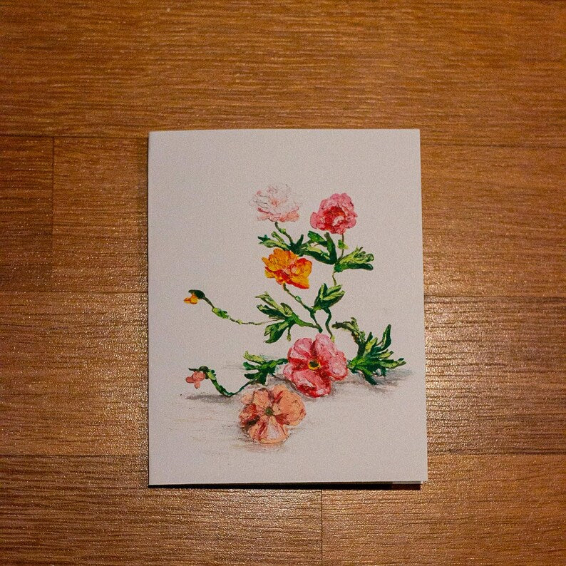 Greeting Card - Pink and Orange Flowers - Oil Pastel Art Print - Blank Inside (A2)
