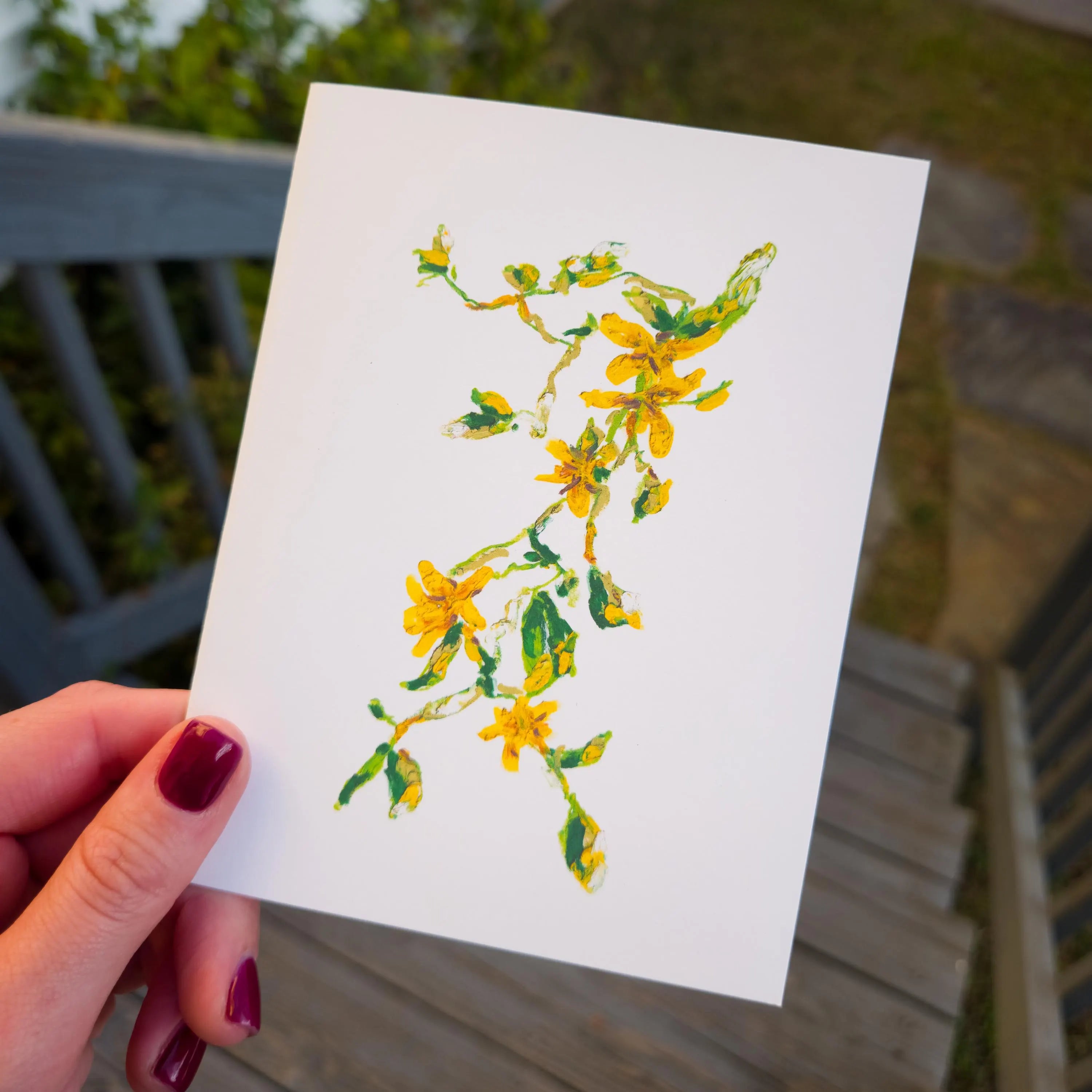Greeting Card - Forsythia - Oil Pastel Art Print - Blank Inside (A2)