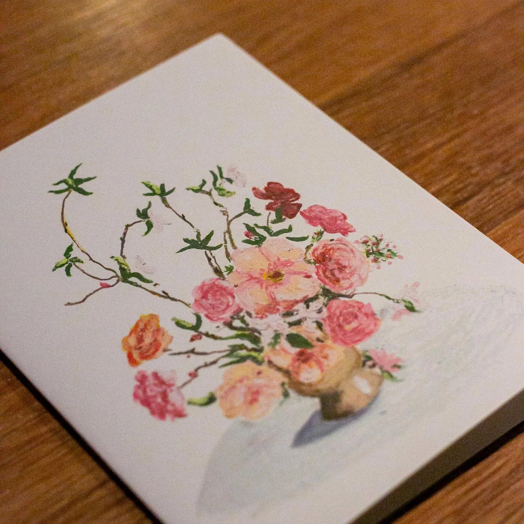 Greeting Card - Pink and Orange Flowers - Oil Pastel Art Print - Blank Inside (A2)