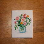 Greeting Card - Pink Flowers in a Glass Jar - Oil Pastel Art Print - Blank Inside (A2)
