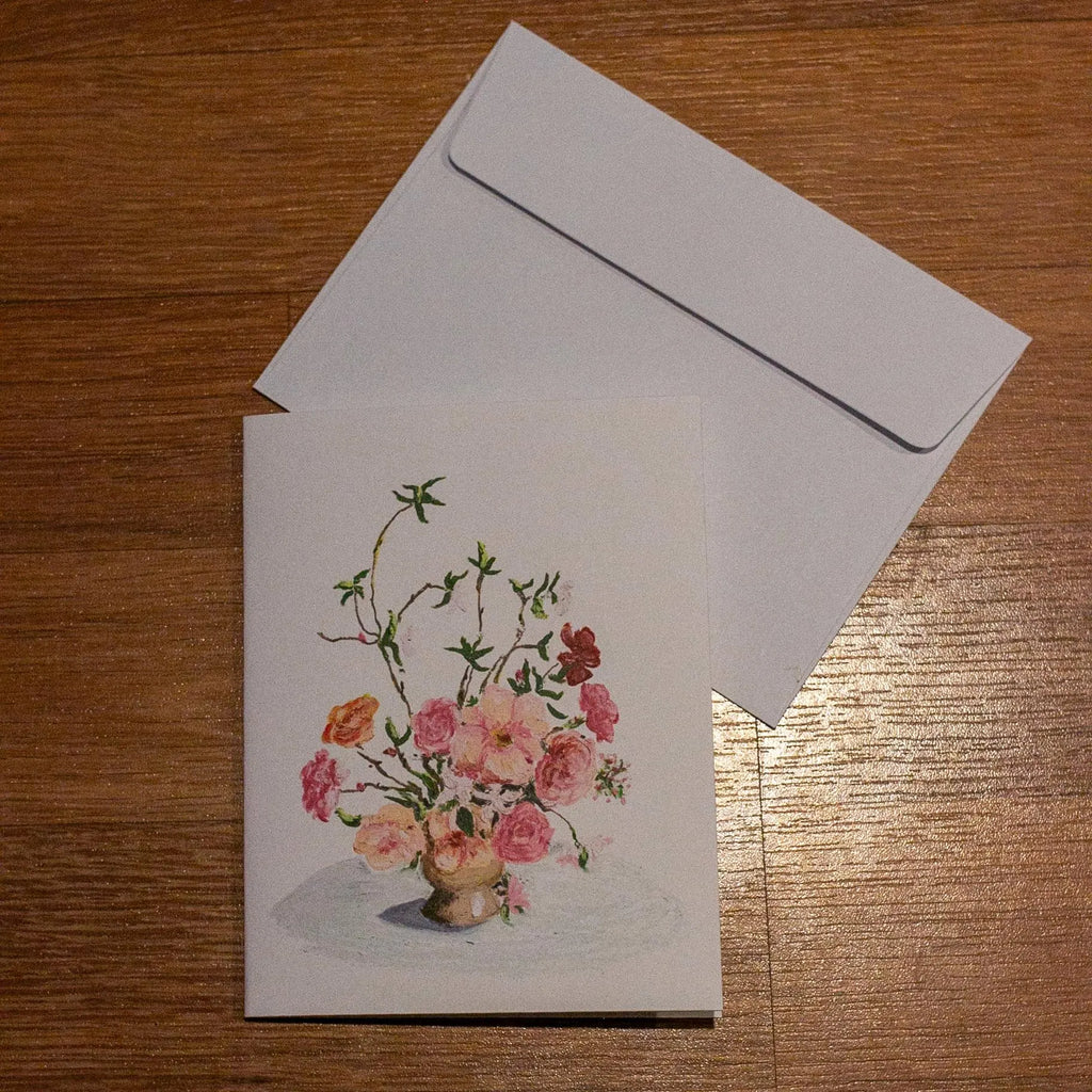 Greeting Card - Pink and Orange Flowers - Oil Pastel Art Print - Blank Inside (A2)