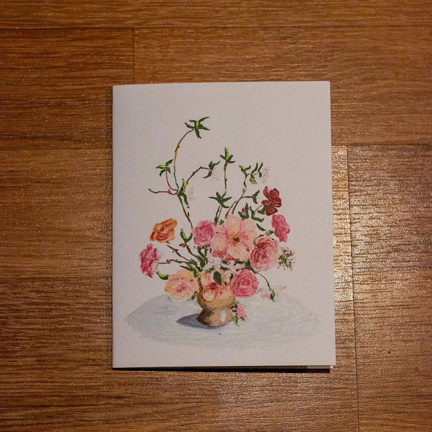 Greeting Card - Pink and Orange Flowers - Oil Pastel Art Print - Blank Inside (A2)