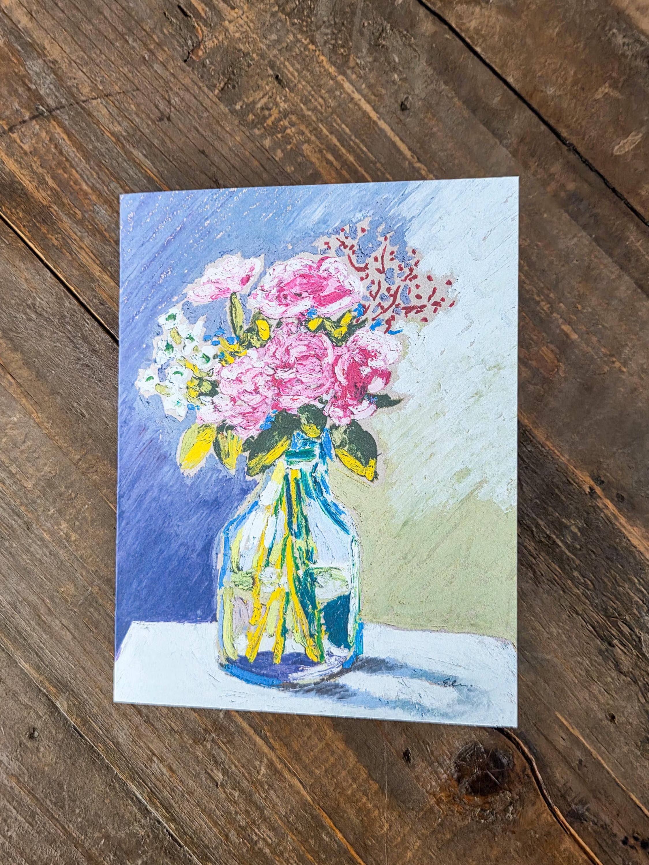 Greeting Card - Mixed Bouquet in Glass Jar - Oil Pastel Art Print - Blank Inside (A2)