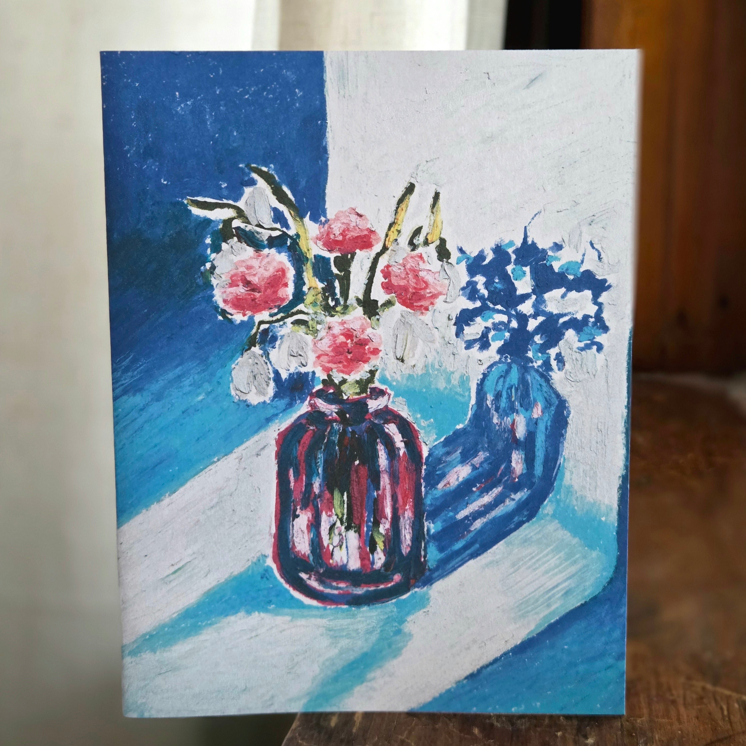 Greeting Card - Carnations and Snow Drops - Oil Pastel Art Print - Blank Inside (A2)