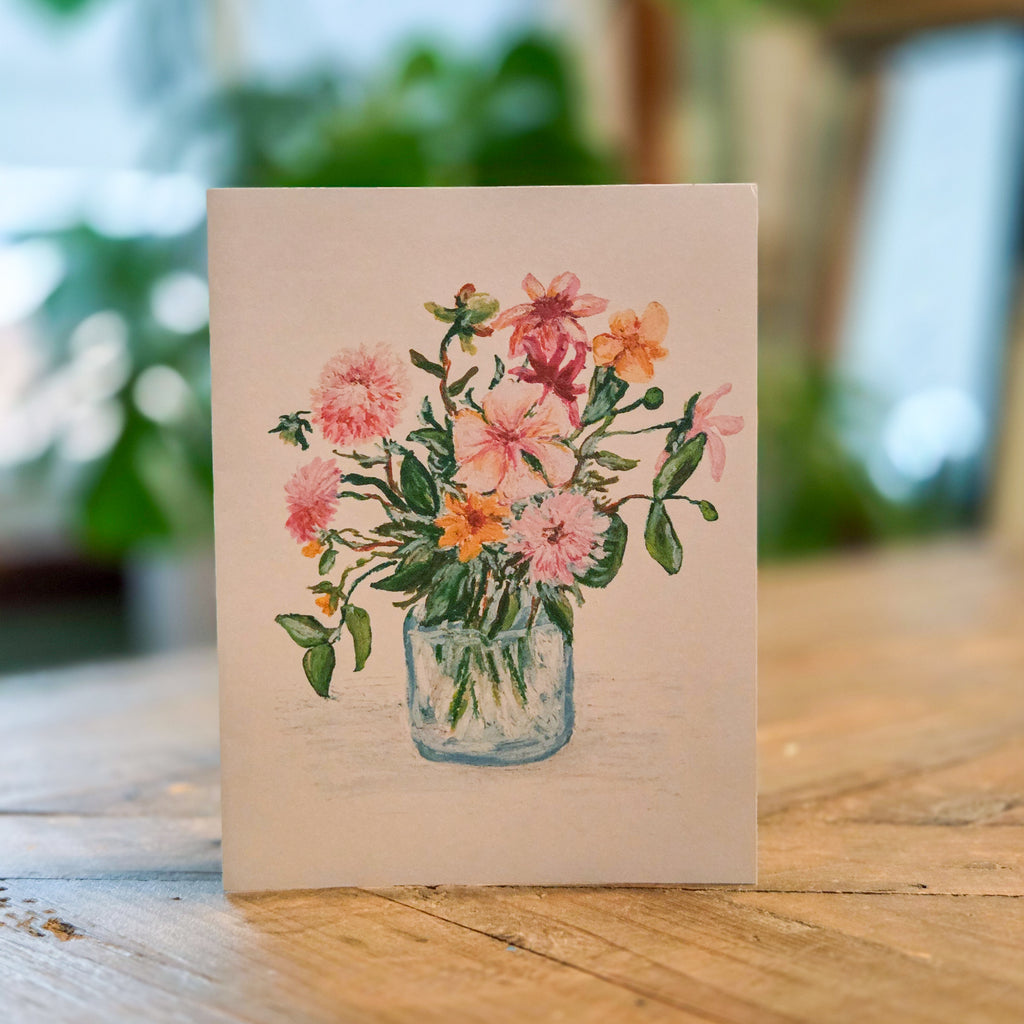 Greeting Card - Pink Flowers in a Glass Jar - Oil Pastel Art Print - Blank Inside (A2)